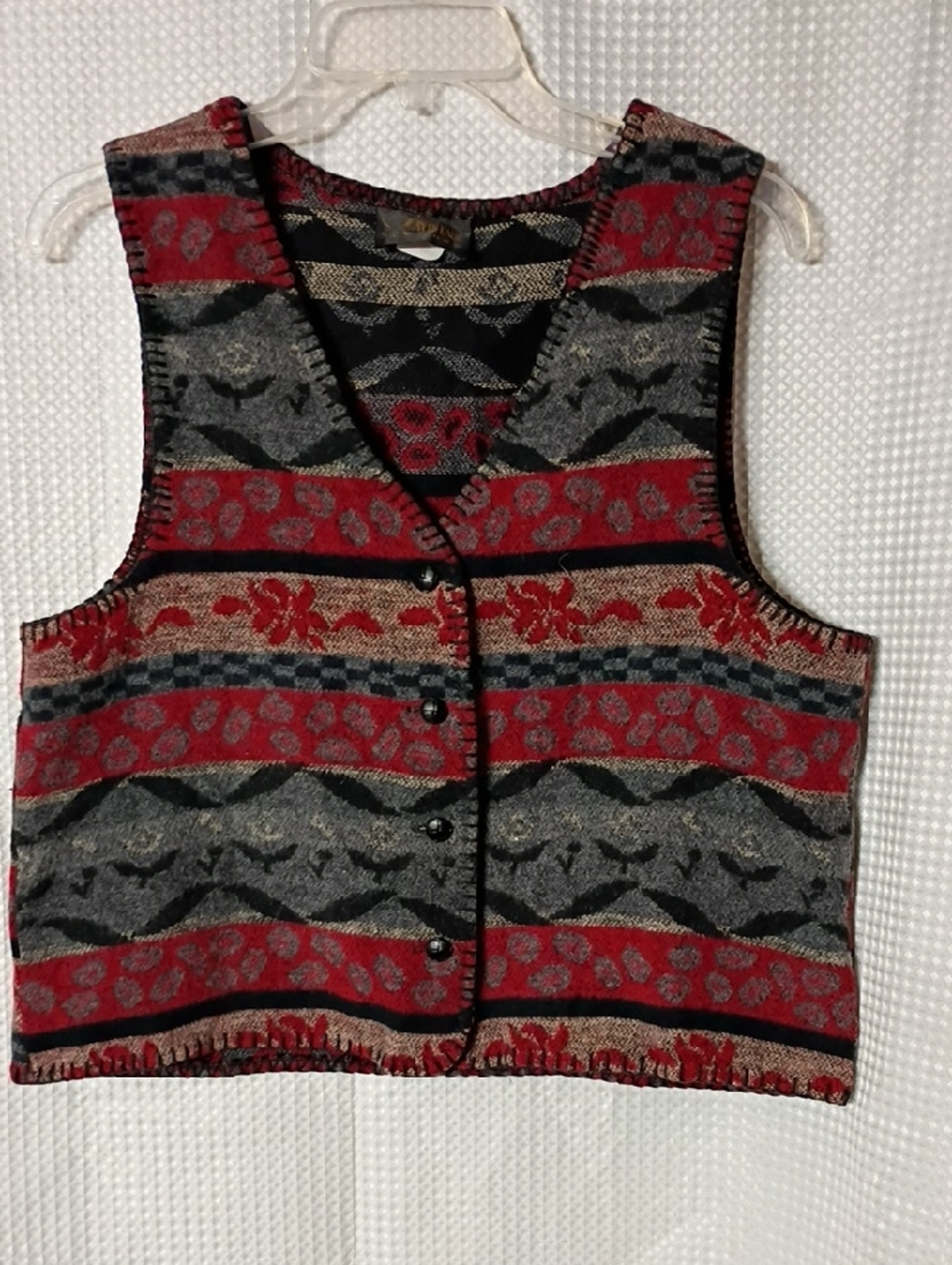 Womens Patterned Button-Front Vest - Red & Gray